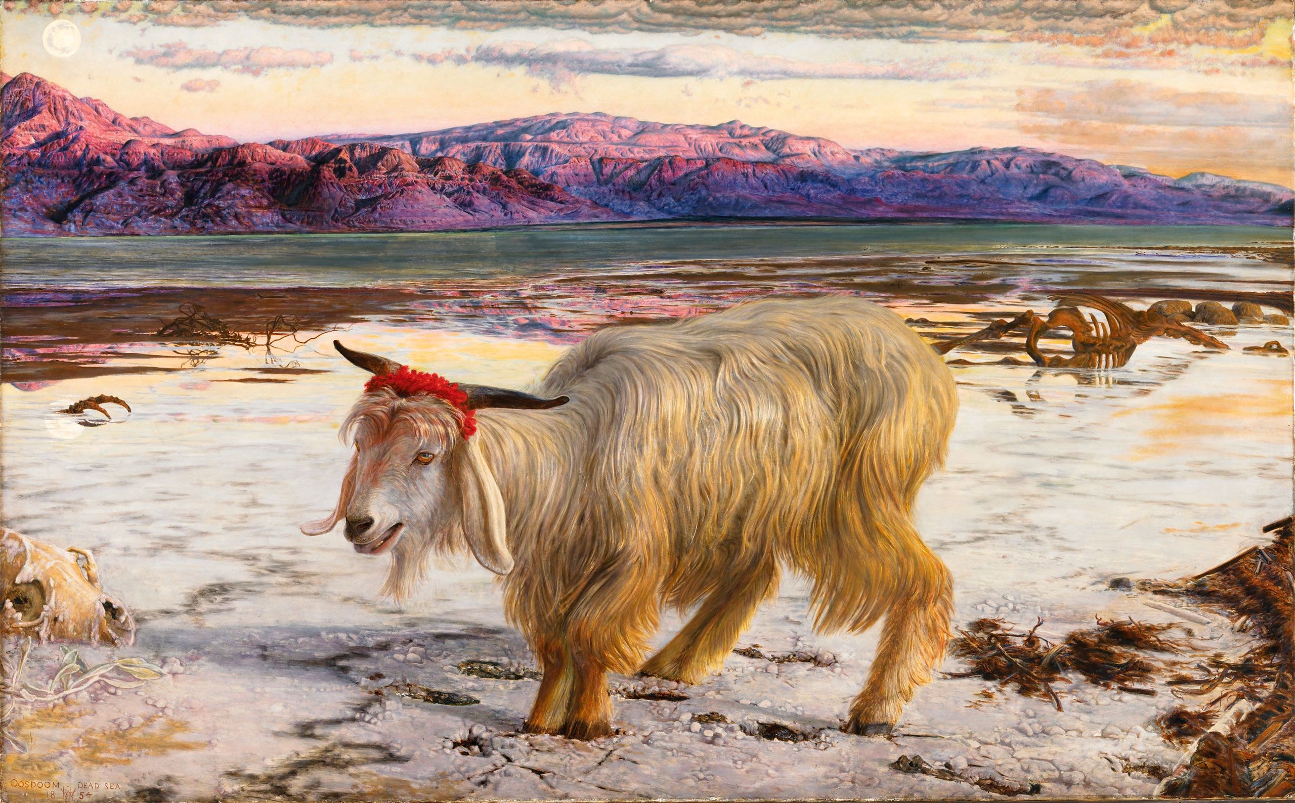 Long haired white goat with red cloth around its horns, in a barren white landscape with purple mountains in the distance