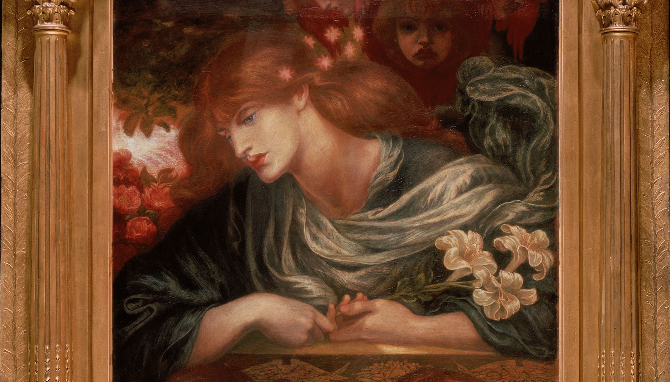 Sad woman with long red hair and a green draped dress, holding three lilies.A sad cherub's face peers over her shoulder in the background and the edges of a gold frame are visible at either side