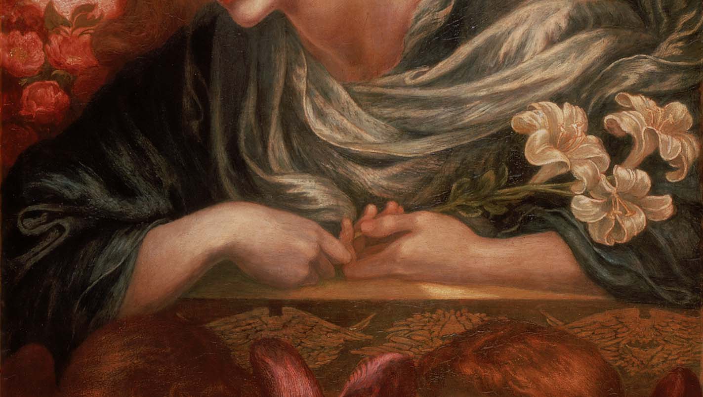 detail of the damozel's arms, holding lilies